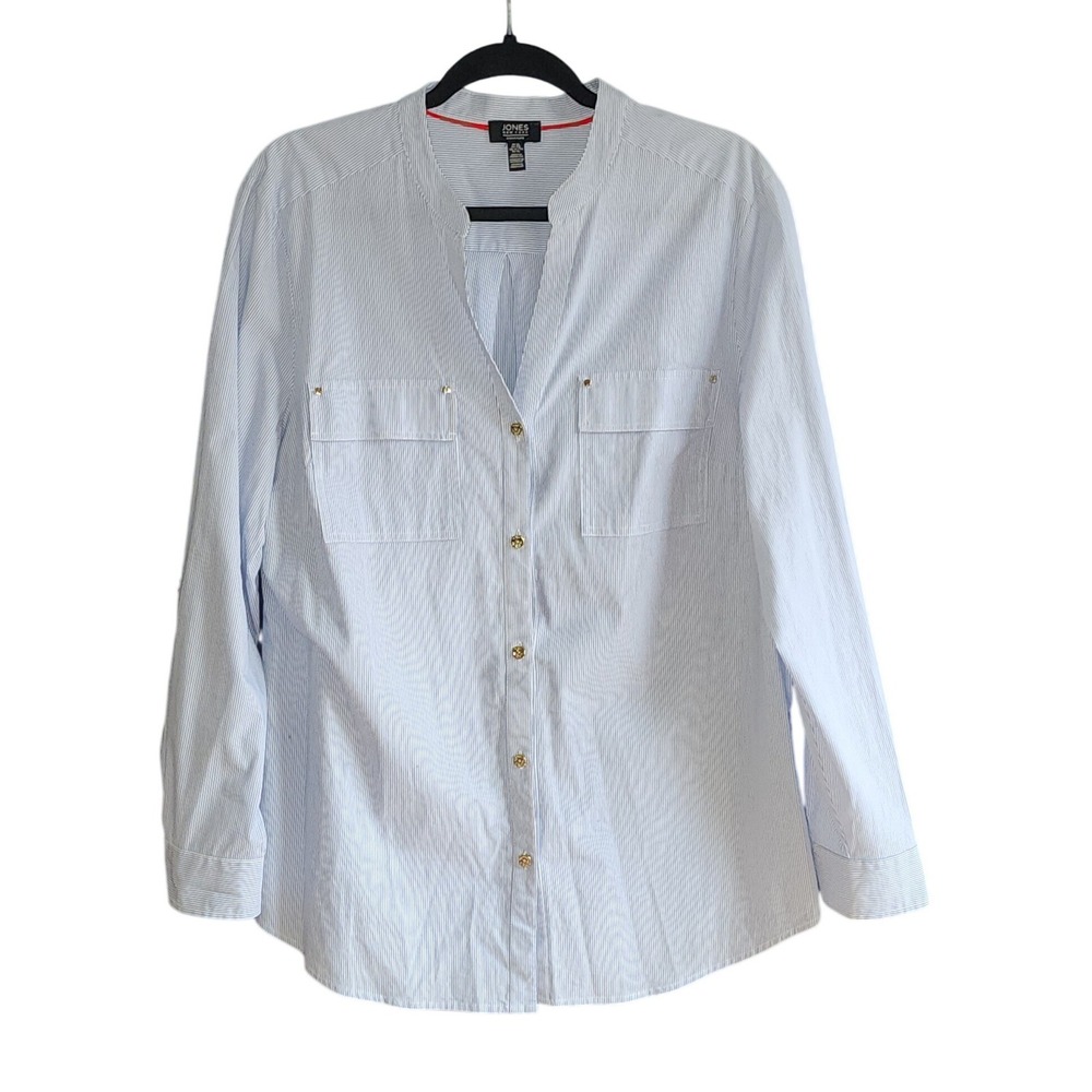 Jones New York Button Down Women XL Blue Stripe Roll Tab Sleeve Split Neck